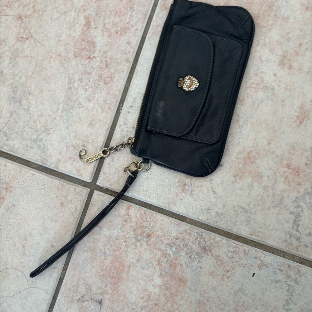 JUICY COUTURE Black Leather Wristlet vintage handbag purse clutch Y2K Wallet